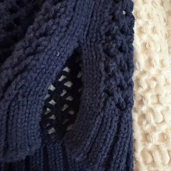 Coastal Grandma Talbots Navy Blue Open Knit Mesh V-Neck Crochet Sweater Top - Picture 4 of 7